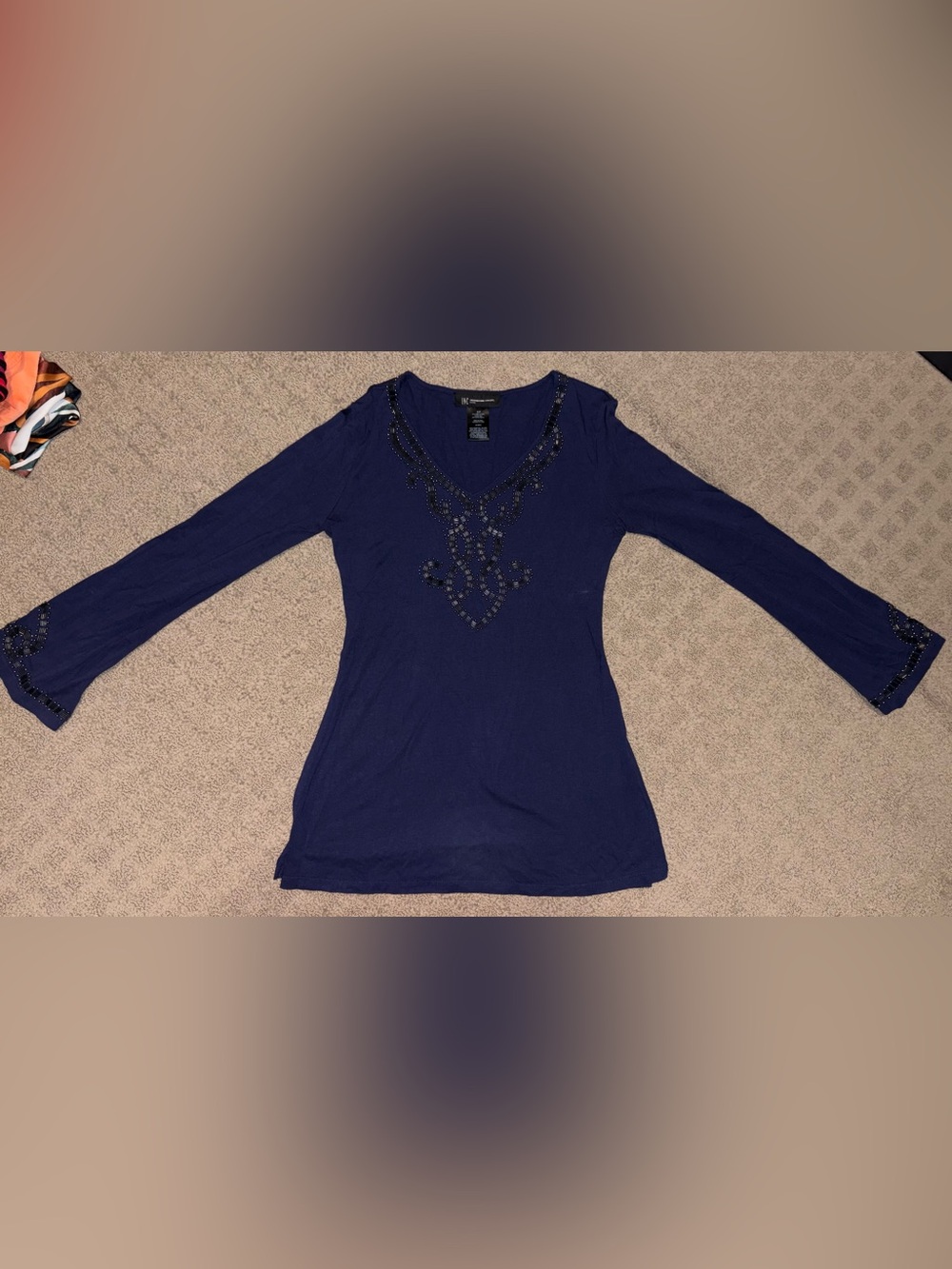 INC International Concepts Navy Long-Sleeve V-Neck Top w/ Beaded Detail, Size S